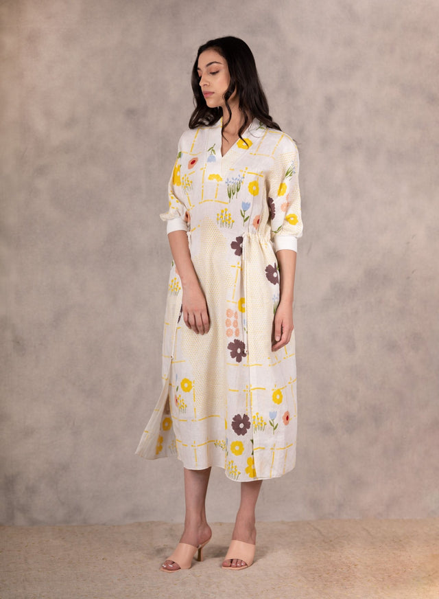 Hand Made Floral Dress With Fron Slit In Linen - Dress - Mizyana