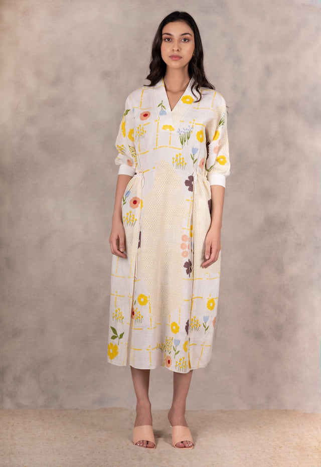 Hand Made Floral Dress With Fron Slit In Linen - Dress - Mizyana