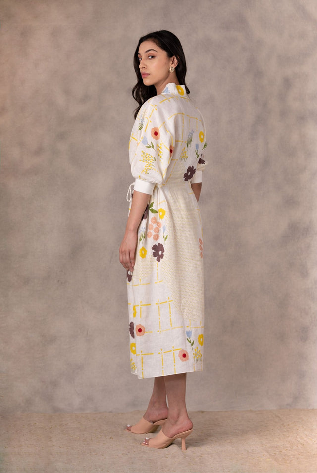 Hand Made Floral Dress With Fron Slit In Linen - Dress - Mizyana