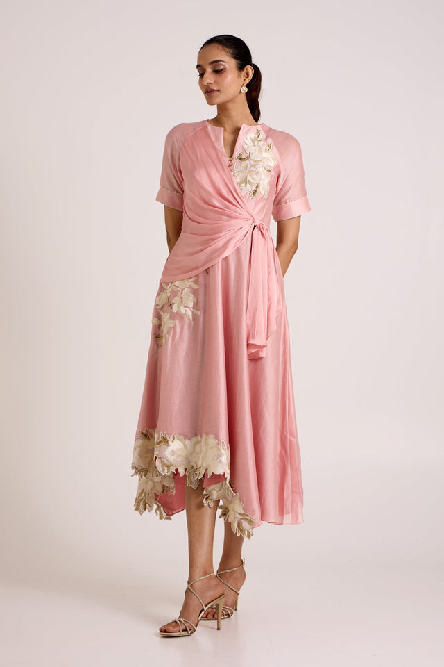 Ice Pink Raizin - Crossover Scarf Midi Dress - Dress - Mizyana