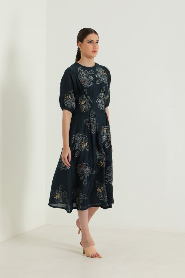 Indigo Box Pleat Printed Dress with Embroidery - Dress - Mizyana