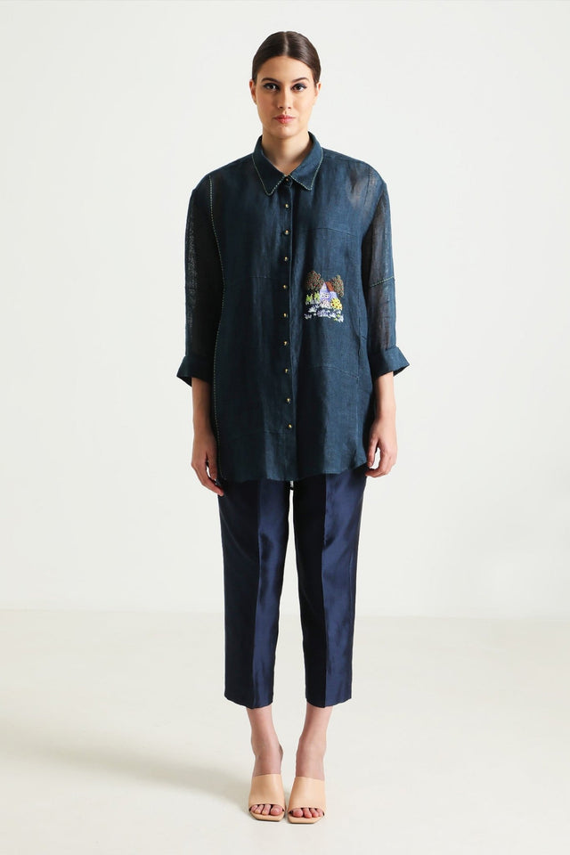 Indigo Country Shirt in Gauze Linen with Embroidery and Straight Pant in Silk Chanderi - Two-Piece Set - Mizyana