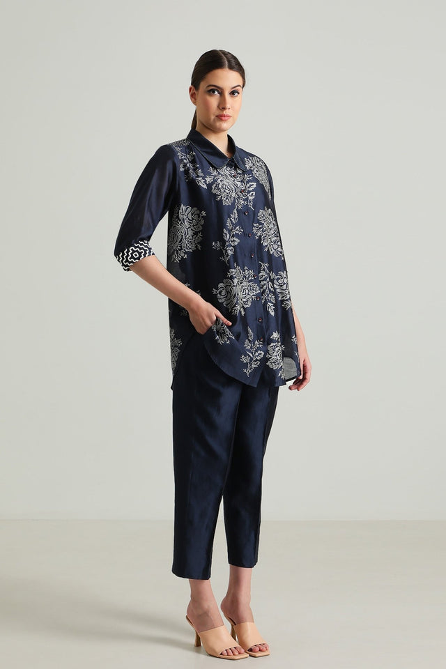 Indigo Wild Weed Shirt in Silk Chanderi With Embroidery and Straight Pant in Silk Chanderi - Two-Piece Set - Mizyana