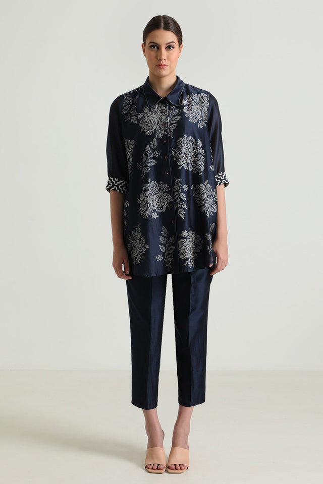 Indigo Wild Weed Shirt in Silk Chanderi With Embroidery and Straight Pant in Silk Chanderi - Two-Piece Set - Mizyana