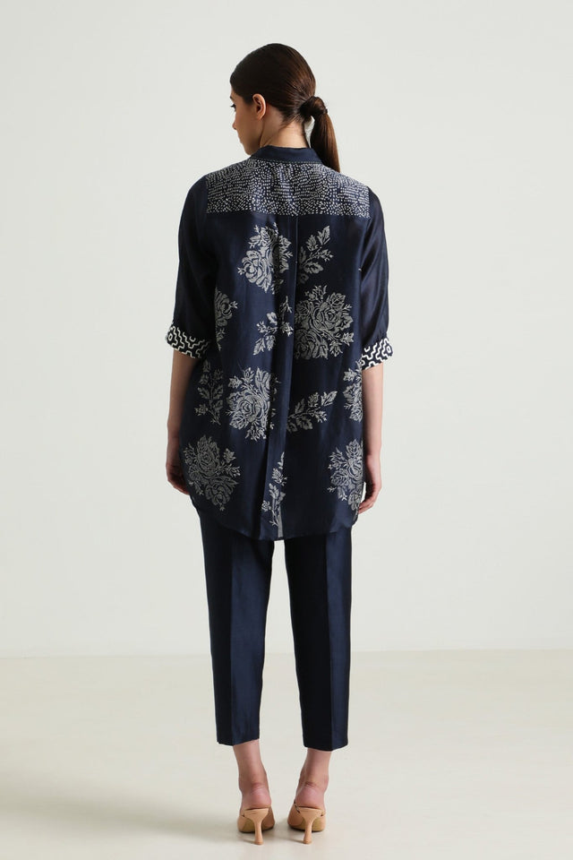 Indigo Wild Weed Shirt in Silk Chanderi With Embroidery and Straight Pant in Silk Chanderi - Two-Piece Set - Mizyana