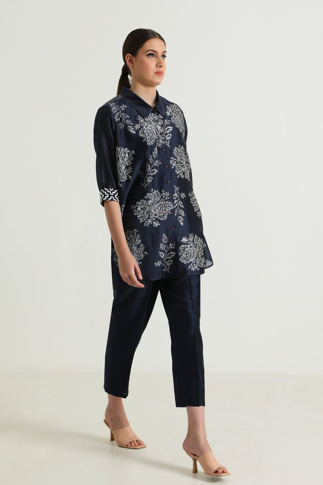 Indigo Wild Weed Shirt in Silk Chanderi With Embroidery and Straight Pant in Silk Chanderi - Two-Piece Set - Mizyana