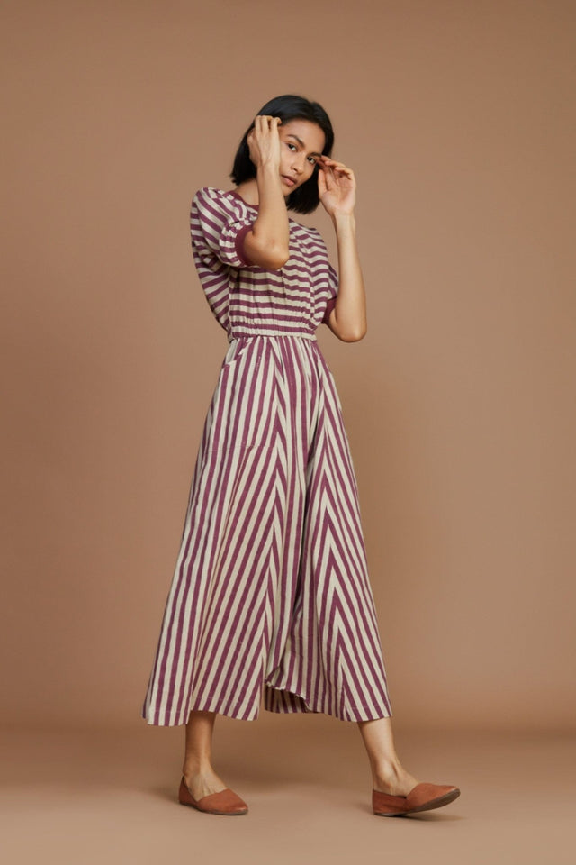 Ivory and Mauve Striped Mati Sphara Jumpsuit - Jumpsuit - Mizyana
