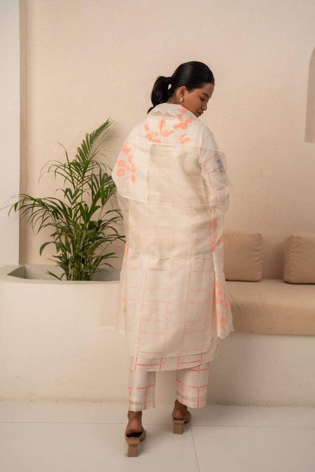 IVORY AND PINK CHECKS DOUBLE LAYER TUNIC AND PANT WITH DUPATTA - Two-Piece Set - Mizyana