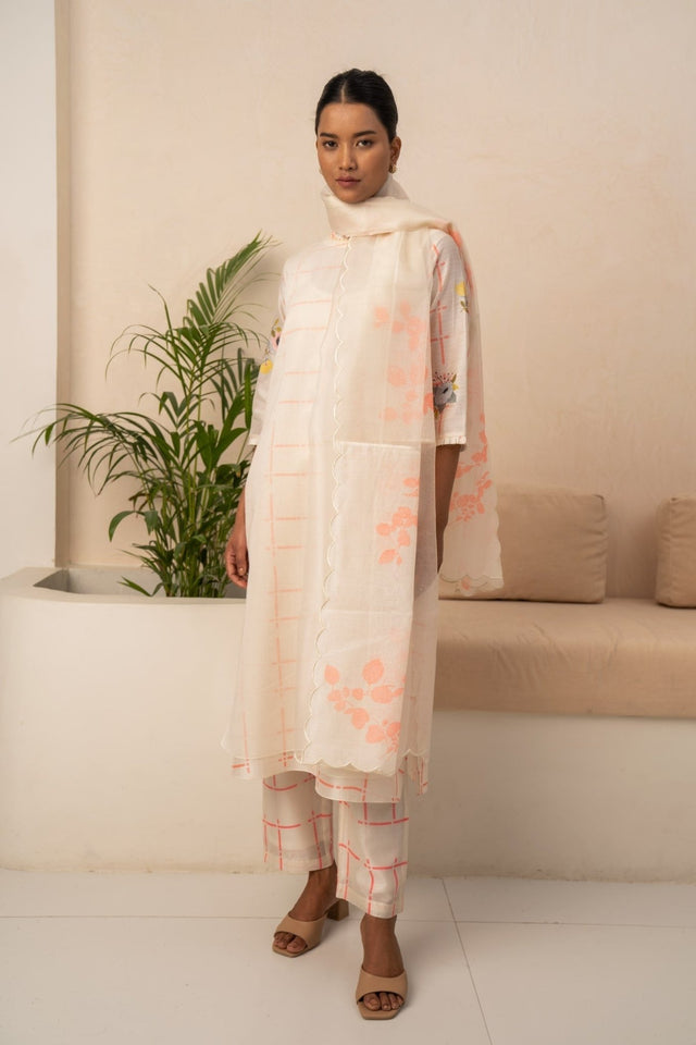 IVORY AND PINK CHECKS DOUBLE LAYER TUNIC AND PANT WITH DUPATTA - Two-Piece Set - Mizyana