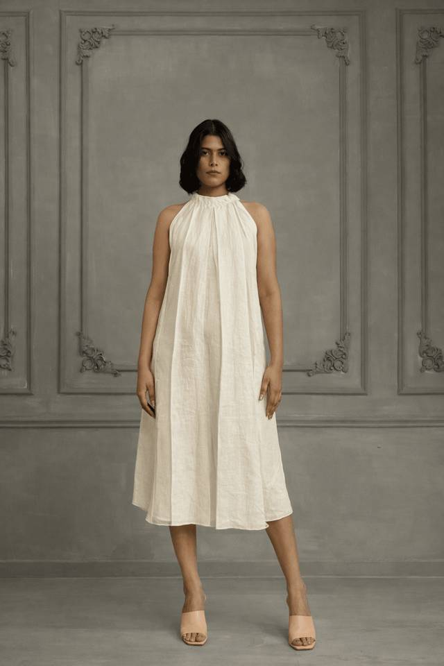 Ivory Applique Work / Embroidered And Porcupine Sleeves Organza Jacket With Linen And Organza Dress - Dress - Mizyana