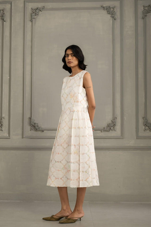 Ivory Applique Work/ Embroidered And Porcupine Sleeves Organza Jacket With Multiprint Dress In Linen - Dress - Mizyana