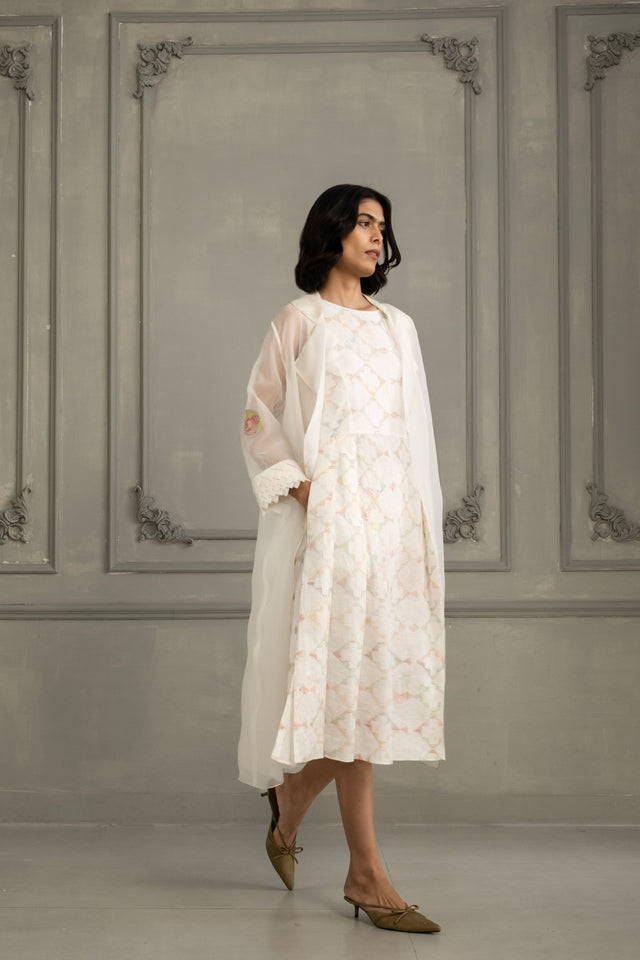 Ivory Applique Work/ Embroidered And Porcupine Sleeves Organza Jacket With Multiprint Dress In Linen - Dress - Mizyana