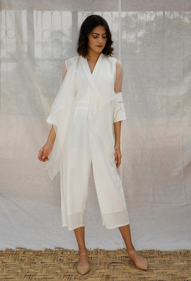 Ivory Asymmetric Organza Throw On With Embroidered Sleeve - Jacket - Mizyana