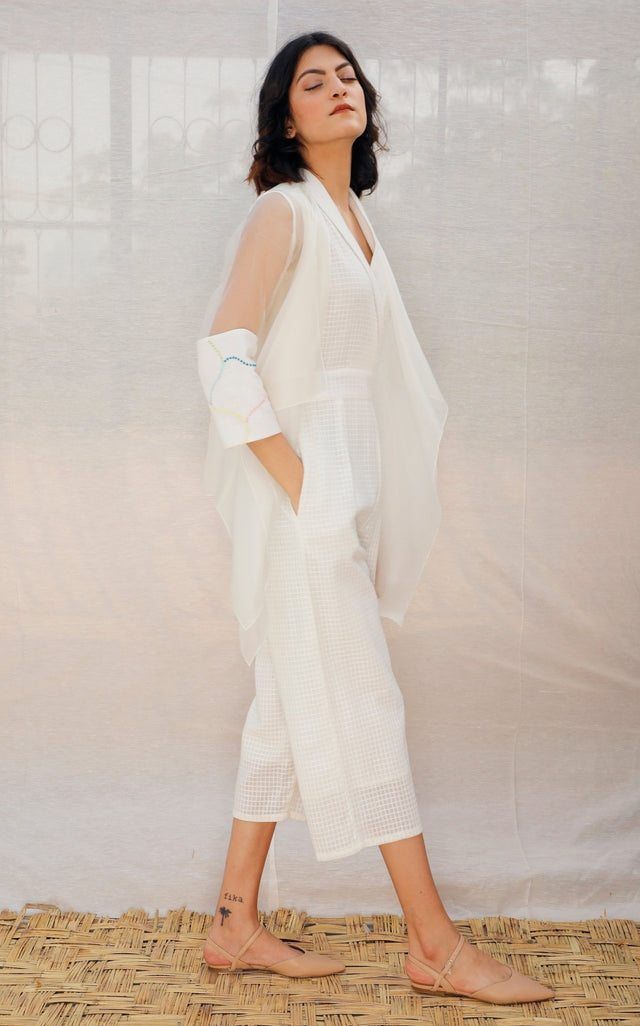 Ivory Asymmetric Organza Throw On With Embroidered Sleeve - Jacket - Mizyana