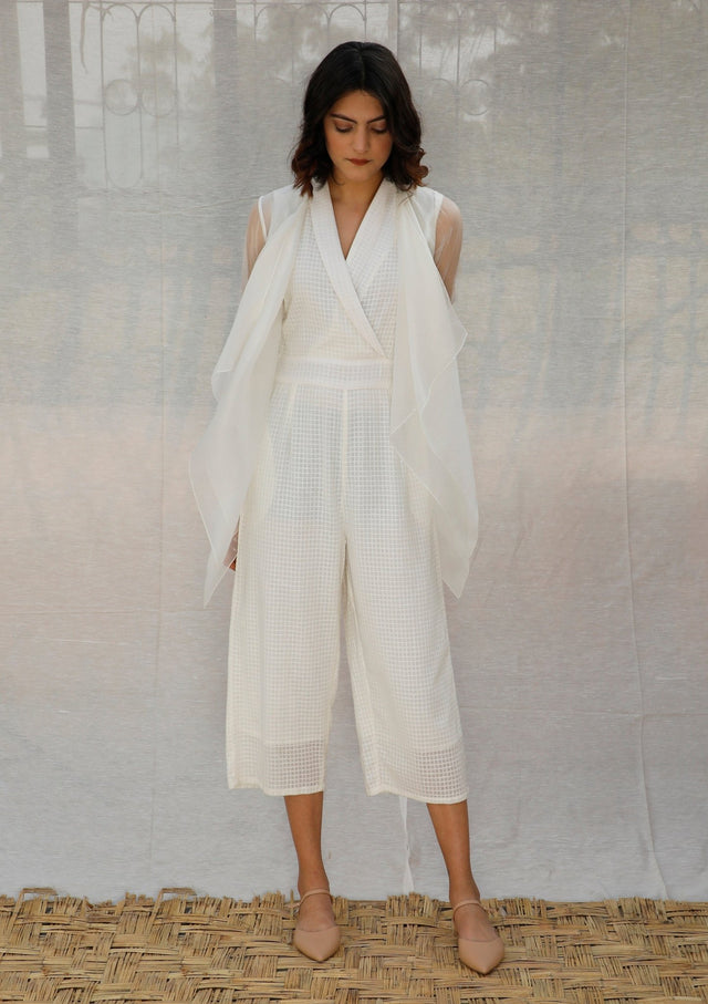 Ivory Asymmetric Organza Throw On With Embroidered Sleeve - Jacket - Mizyana