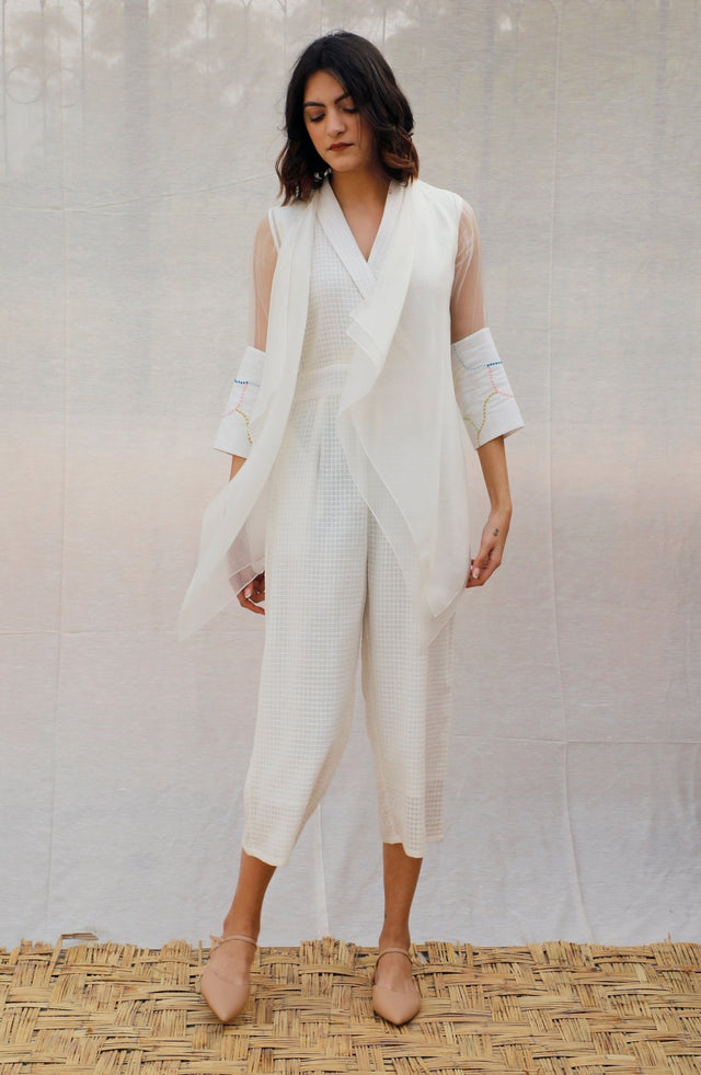 Ivory Asymmetric Organza Throw On With Embroidered Sleeve - Jacket - Mizyana