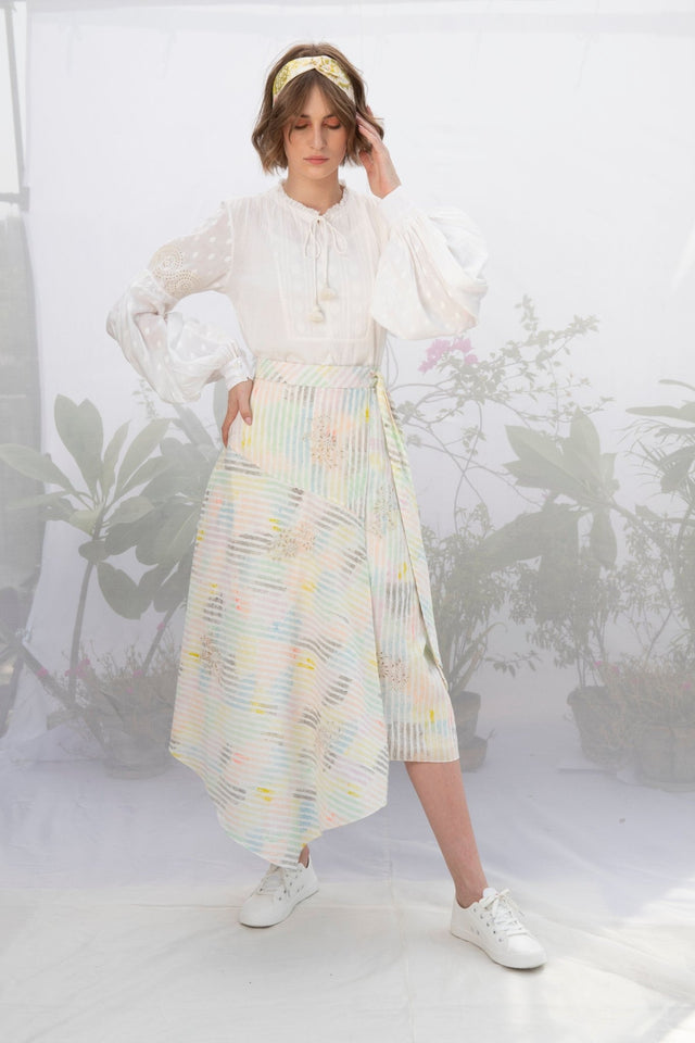 Ivory Cotton Top With Multi Stripe Wrap Skirt - Two-Piece Set - Mizyana