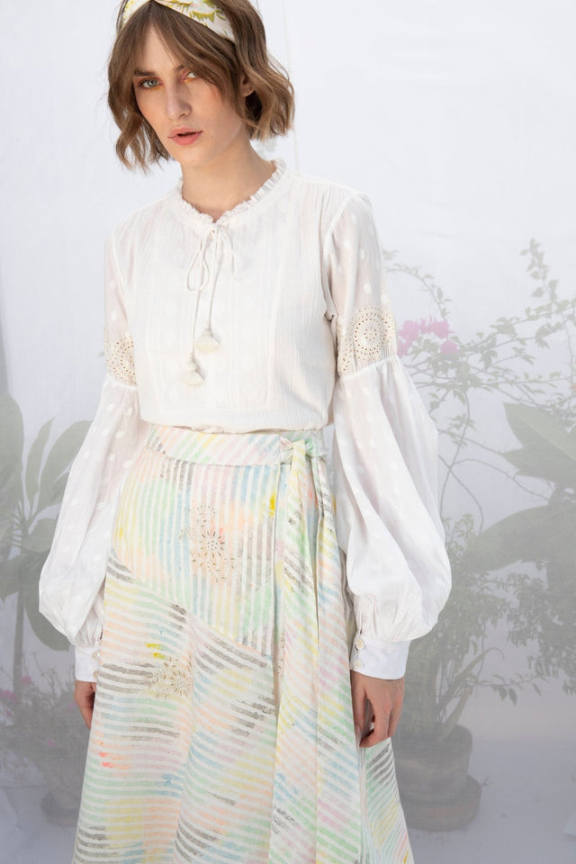 Ivory Cotton Top With Multi Stripe Wrap Skirt - Two-Piece Set - Mizyana