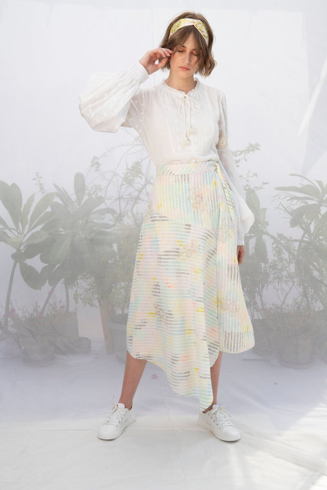 Ivory Cotton Top With Multi Stripe Wrap Skirt - Two-Piece Set - Mizyana