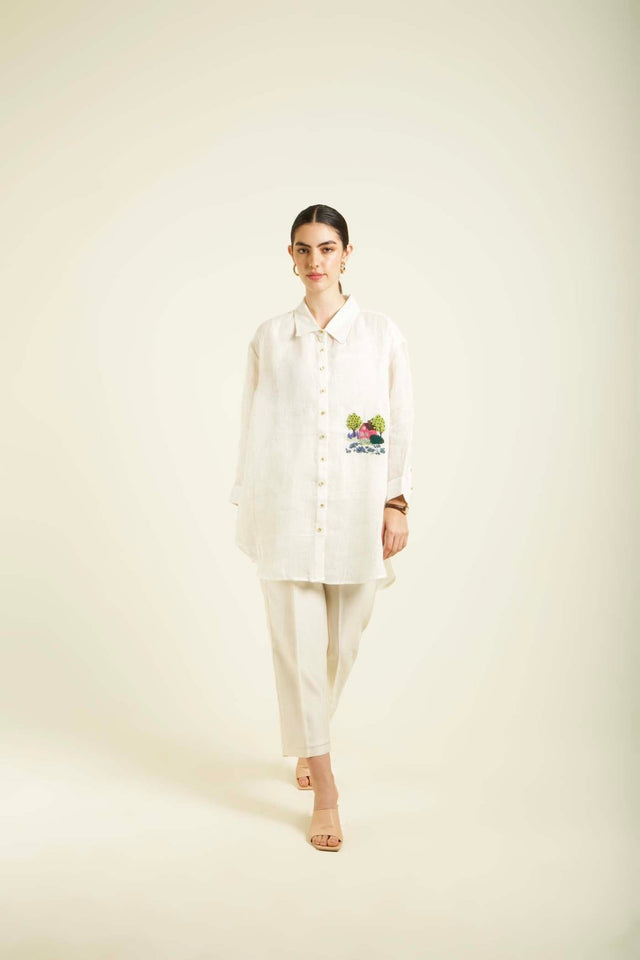Ivory Country Shirt In Gauze Linen With Embroidery And Straight Pants In Silk Chanderi - Two-Piece Set - Mizyana