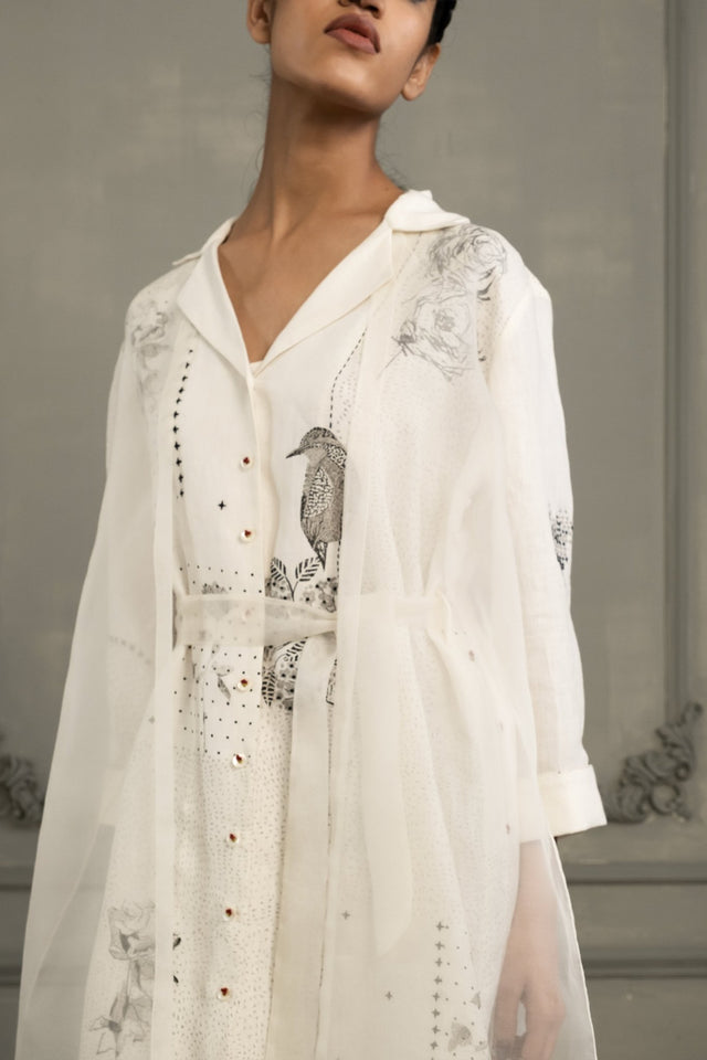 Ivory Double Layer Block Print Dress In Linen And Organza With Embroidered Sleeves - Dress - Mizyana