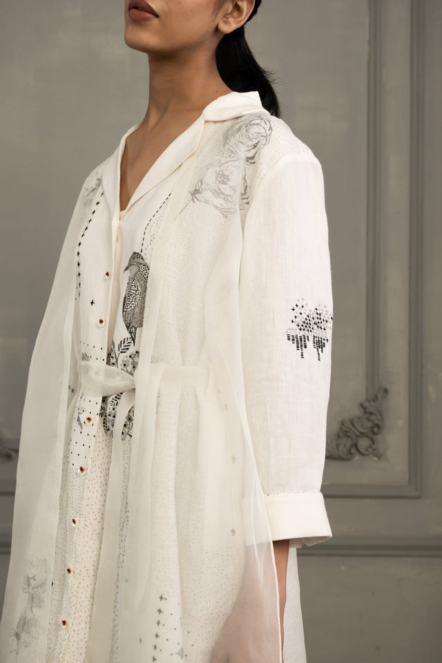 Ivory Double Layer Block Print Dress In Linen And Organza With Embroidered Sleeves - Dress - Mizyana