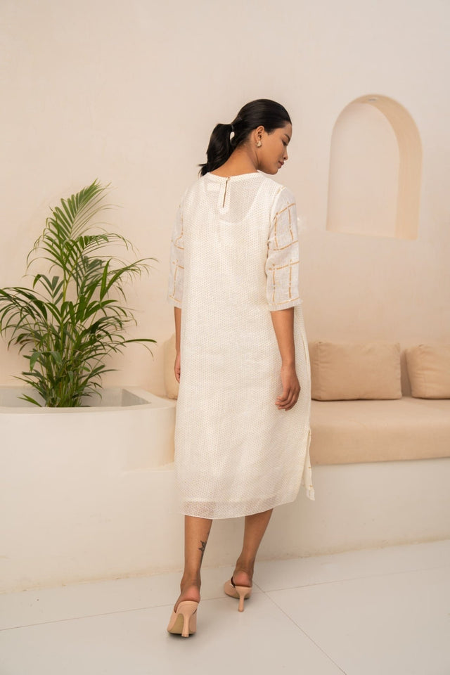 IVORY EMBROIDERED CHECKS LINEN DRESS - Dress - Mizyana