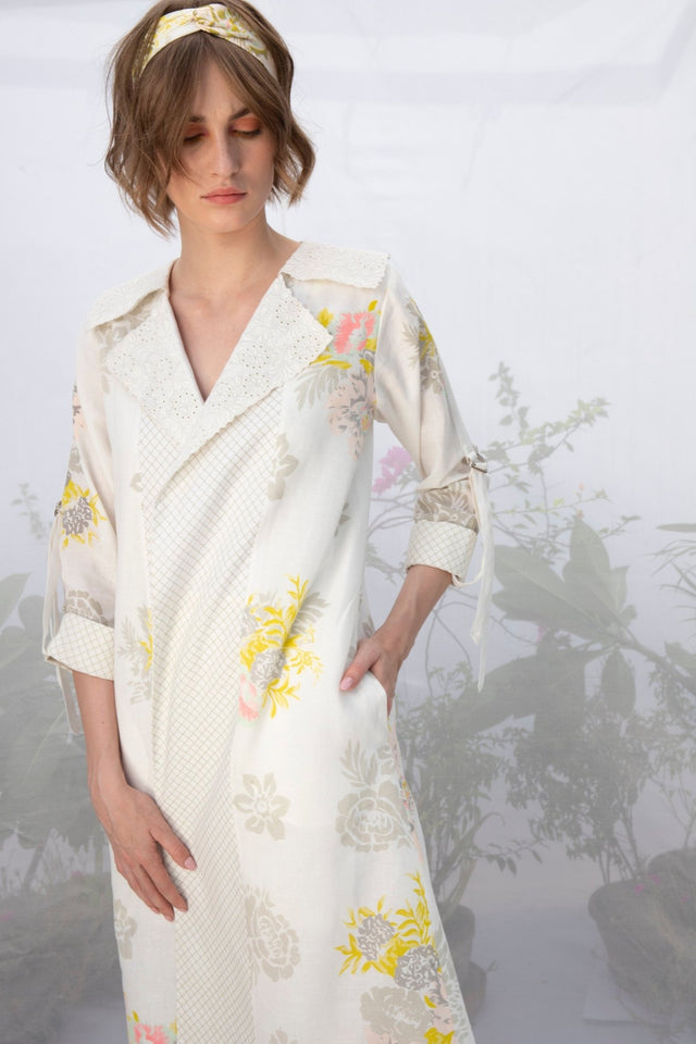Ivory Embroidered Collar Roses Print Wrap Dress/Jacket - Dress - Mizyana