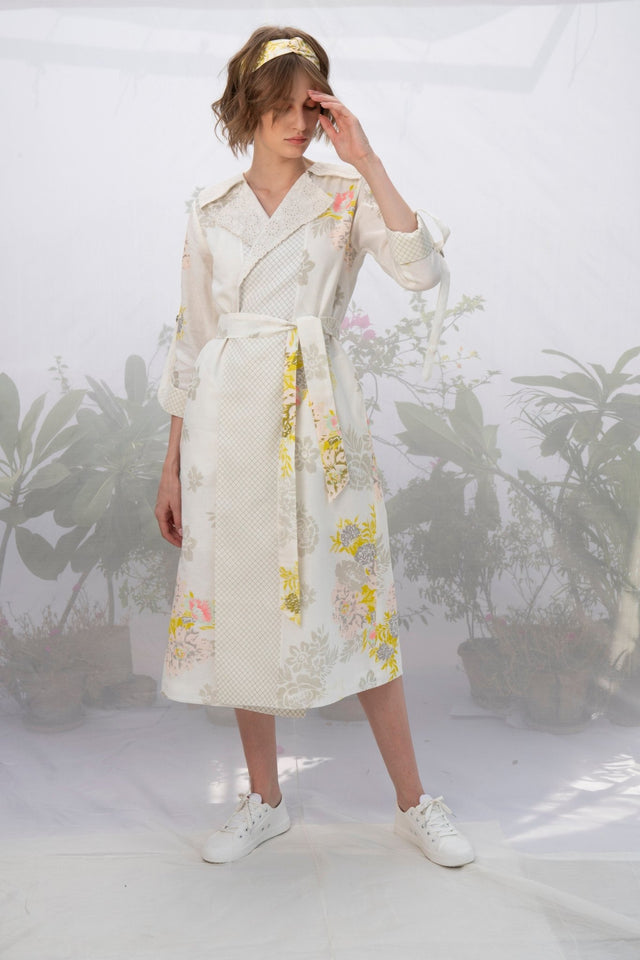 Ivory Embroidered Collar Roses Print Wrap Dress/Jacket - Dress - Mizyana