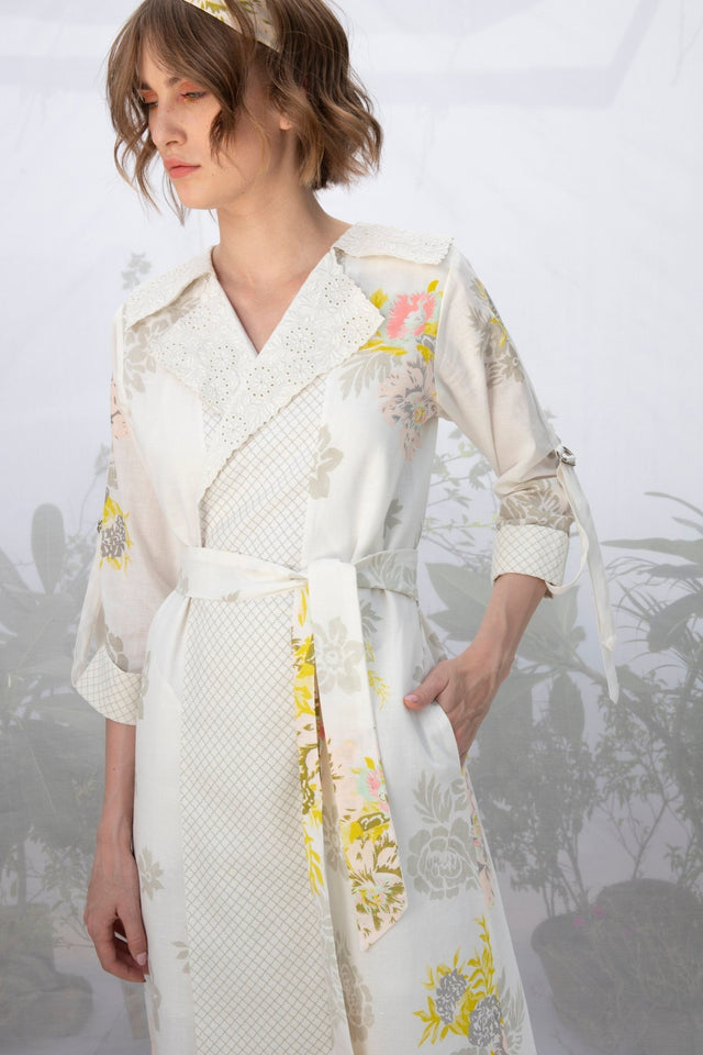 Ivory Embroidered Collar Roses Print Wrap Dress/Jacket - Dress - Mizyana
