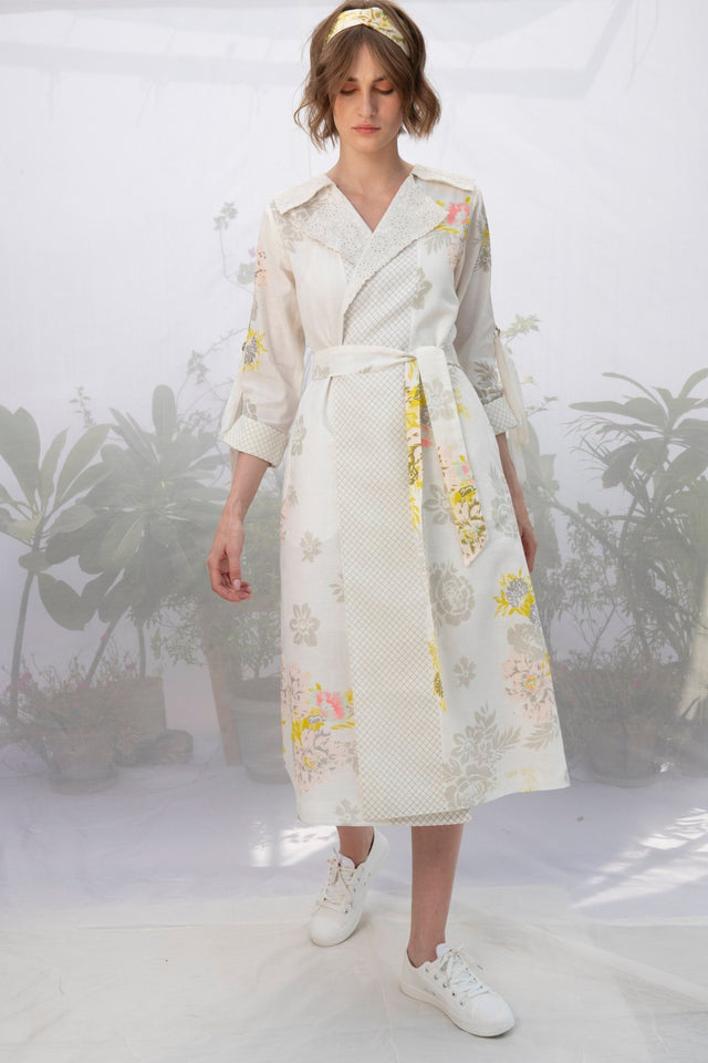 Ivory Embroidered Collar Roses Print Wrap Dress/Jacket - Dress - Mizyana