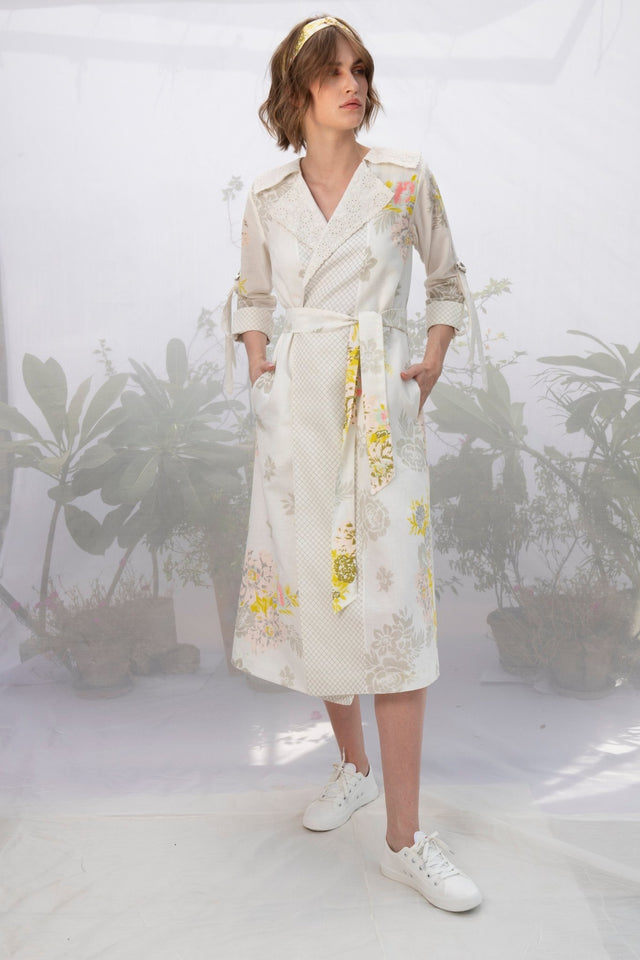 Ivory Embroidered Collar Roses Print Wrap Dress/Jacket - Dress - Mizyana
