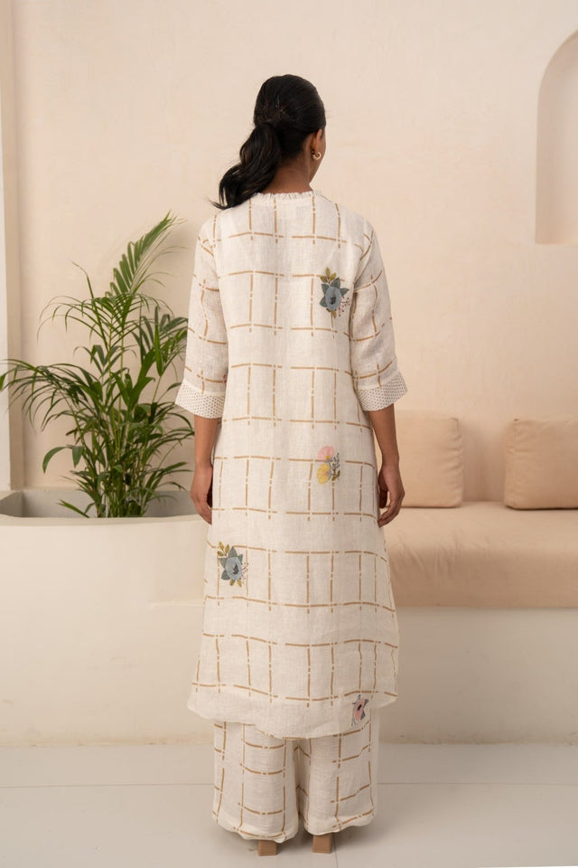 IVORY EMBROIDERED LINEN CHECKS TUNIC + CHECKS PANT - Two-Piece Set - Mizyana