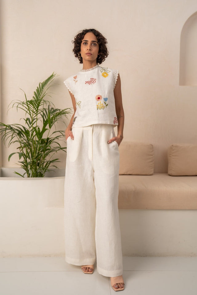 IVORY EMBROIDERED SHIRT + SOLID LINEN PANTS - Two-Piece Set - Mizyana