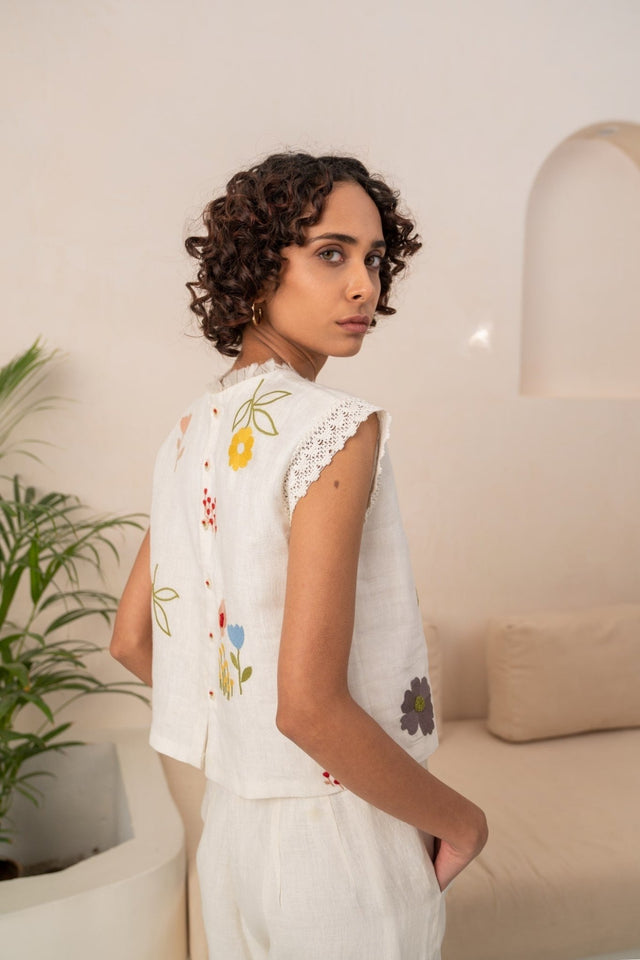 IVORY EMBROIDERED SHIRT + SOLID LINEN PANTS - Two-Piece Set - Mizyana