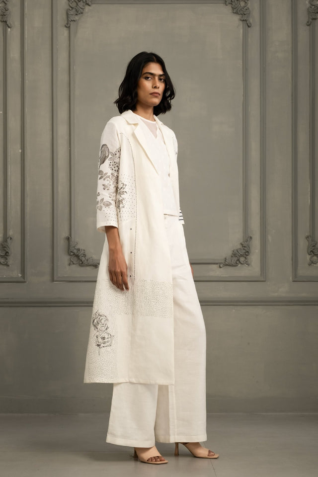 Ivory Embroidery And Block Print Jacket With Top And Flared Pant In Linen - Three-Piece Set - Mizyana