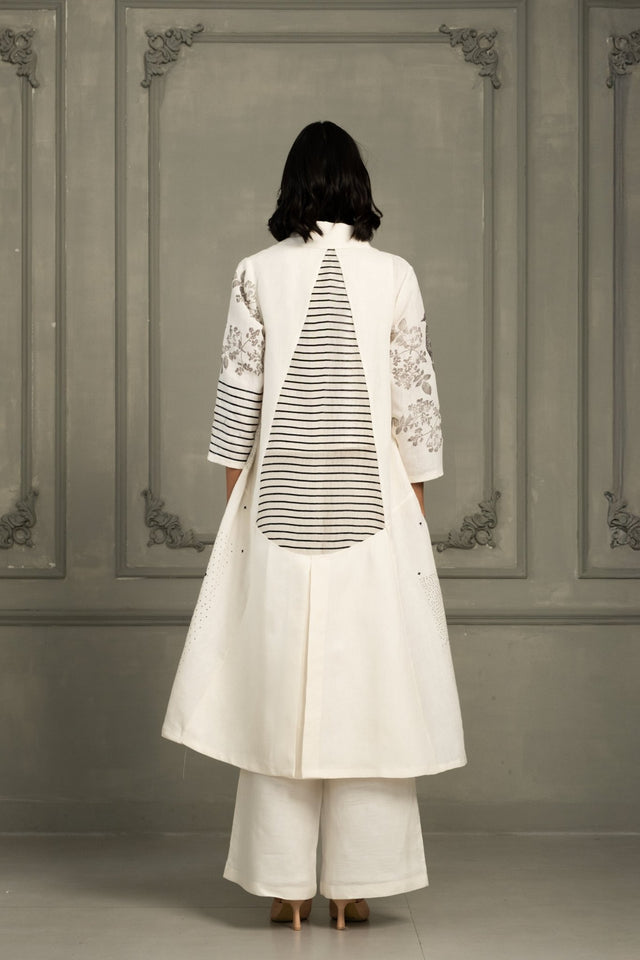 Ivory Embroidery And Block Print Jacket With Top And Flared Pant In Linen - Three-Piece Set - Mizyana