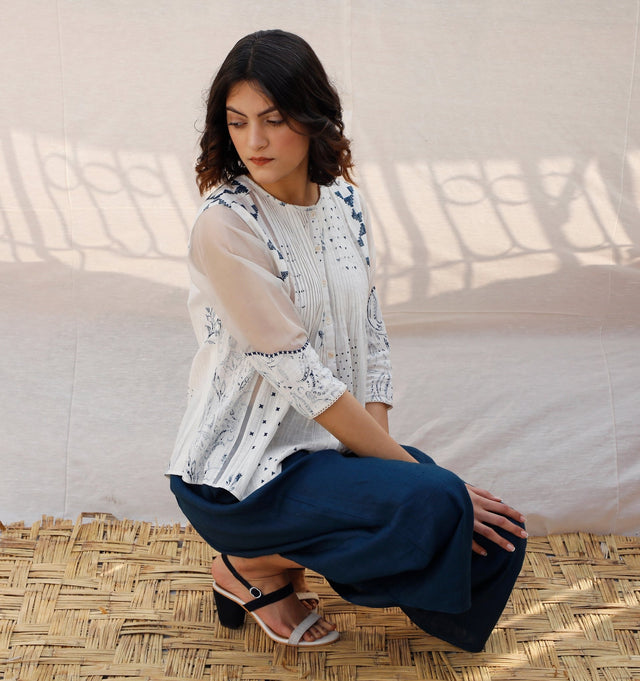 Ivory Front Pleated Printed Cotton Top with Indigo print - Shirt - Mizyana