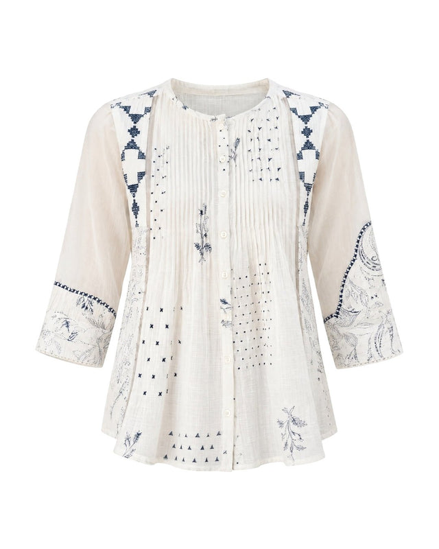 Ivory Indigo Print Organic Cotton Blouse with Front Pleats - Blouse - Mizyana