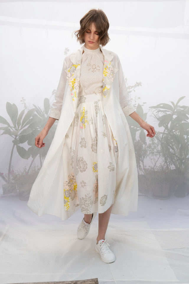 Ivory Jacket With Top And Roses Printed Skirt - Two-Piece Set - Mizyana