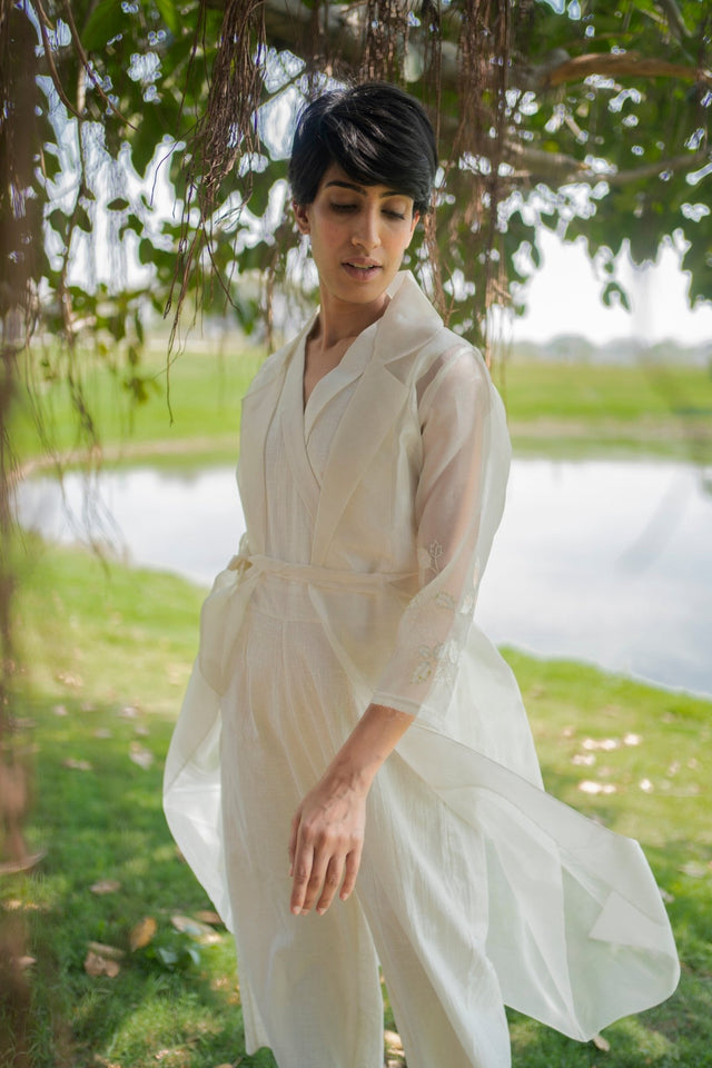 Ivory Jumpsuit and Applique Sleeve Jacket - Two-Piece Set - Mizyana