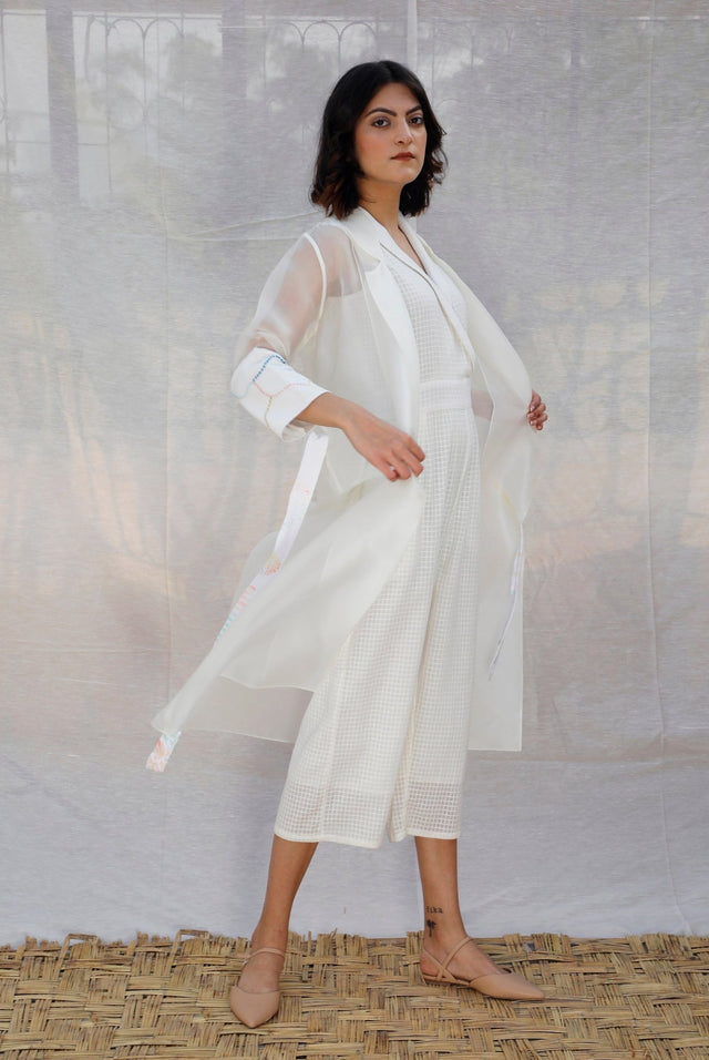 Ivory Jumpsuit With Organza Long Jacket - Two-Piece Set - Mizyana