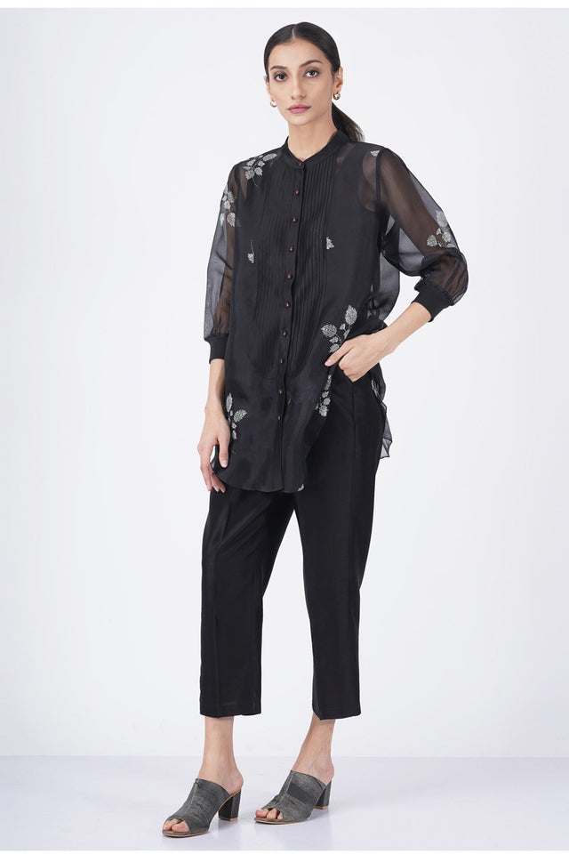 Ivory leaf printed organza shirt with solid pant - Two-Piece Set - Mizyana