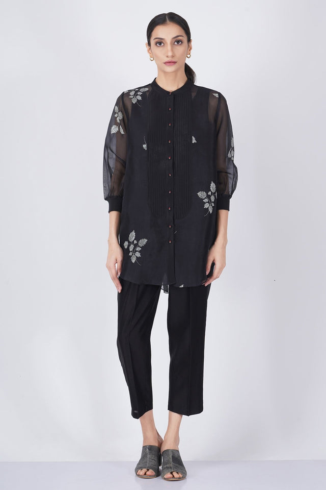 Ivory leaf printed organza shirt with solid pant - Two-Piece Set - Mizyana