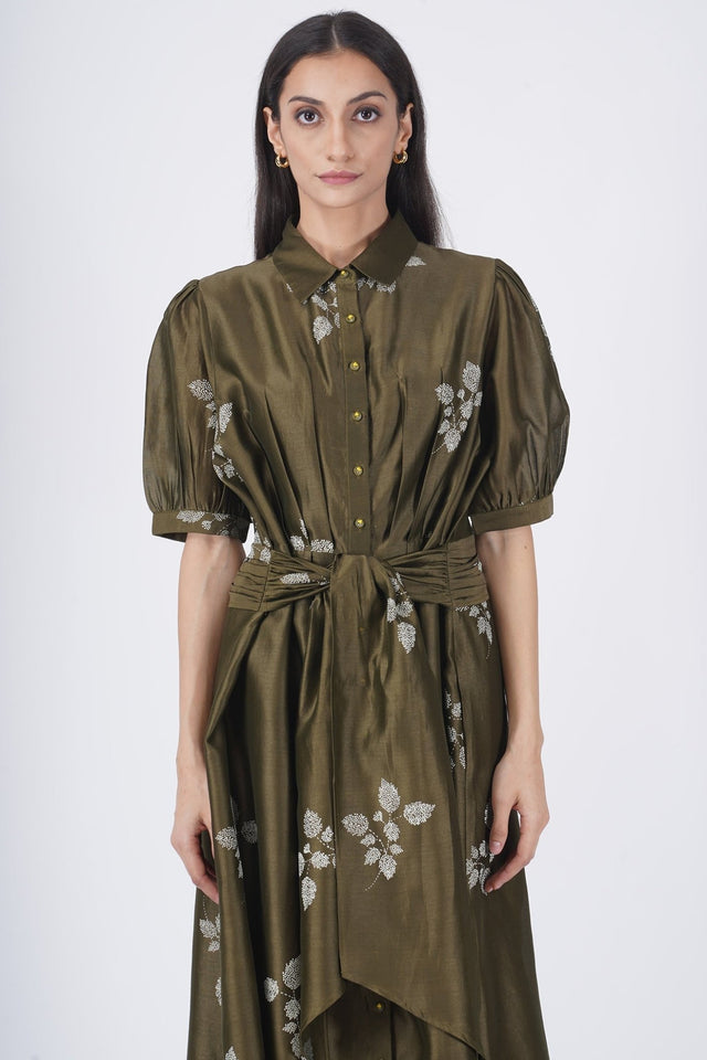 Ivory leaf printed puff sleeve dress - Dress - Mizyana
