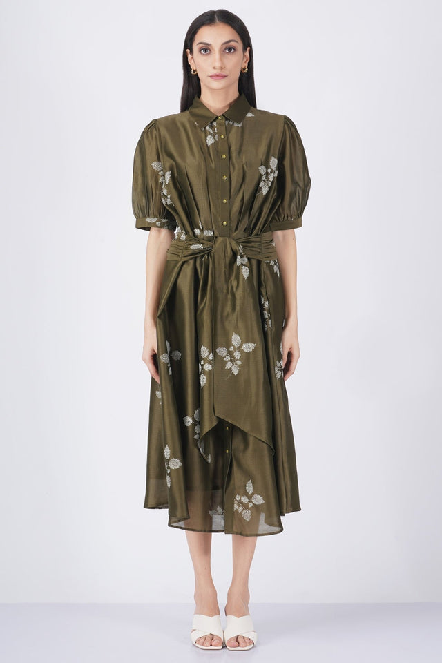 Ivory leaf printed puff sleeve dress - Dress - Mizyana