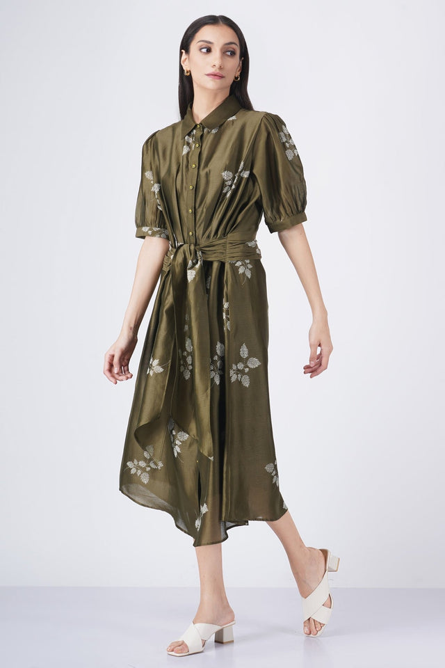 Ivory leaf printed puff sleeve dress - Dress - Mizyana