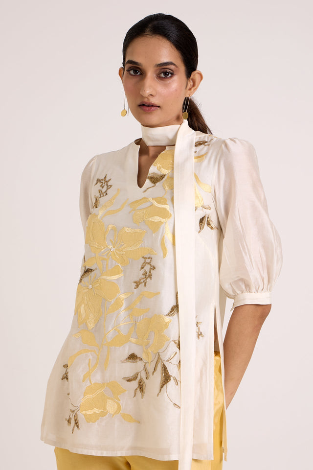 Ivory Lysha - Sleek Scarf Evening Top + Pants - Two-Piece Set - Mizyana