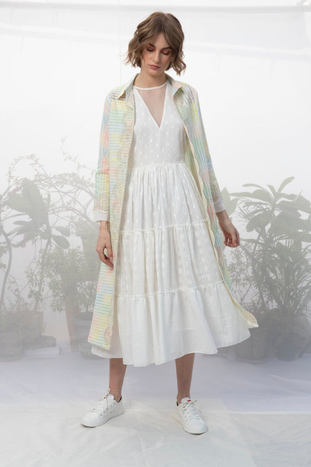 Ivory Stripes Hand Block Printed And Embroidered Jacket - Jacket - Mizyana