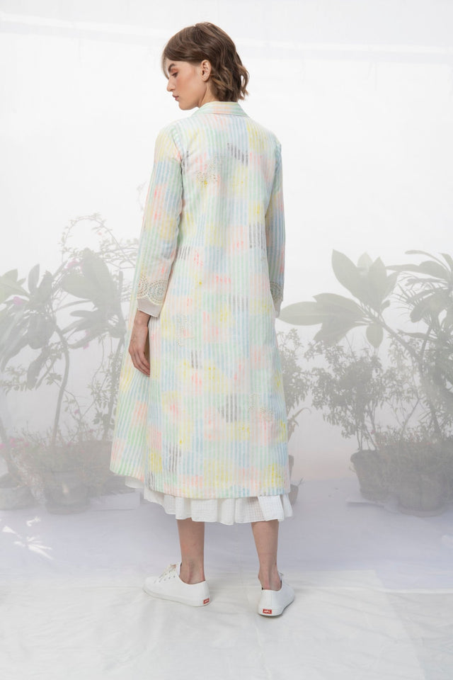 Ivory Stripes Hand Block Printed And Embroidered Jacket - Jacket - Mizyana